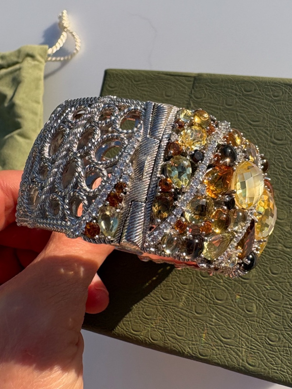 Judith Ripka multi gemstone bracelet wide Cuff Sterling silver CZ hinged 925 - Picture 14 of 17
